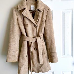Light beige, feminine, contemporary pea coat.